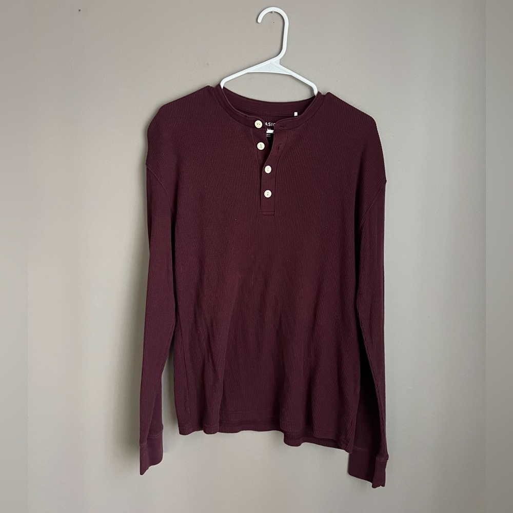 Maroon Waffle Knit Henley Button Up Long Sleeve Shirt